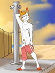 3:4 anthro anthrofied ball_stubble beach bottomwear bottomwear_down casual_exposure circumcised clothing evening flaccid fuze generation_8_pokemon genitals hi_res humanoid_genitalia humanoid_penis king_(fuze) male navel nintendo nipples outside penis pokemon pokemon_(species) pokemorph pubes public public_exposure puddle scorbunny shower solo swimming_trunks swimming_trunks_down swimwear water