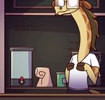 2024 animated animatedmau beverage brown_hair coffee coffee_shop digital_media_(artwork) eyewear giraffe giraffid glasses hair male mammal orange_body other_side short_playtime shy solo thompson_(animatedmau)