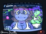 4:3 absurd_res anthro ball_gag big_breasts bottomwear breast_squish breasts brown_hair clothing computer_screen curious deltarune devious devious_grin dinosaur duo e621 english_text featureless_chest female flat_chested freckled_face freckles gag green_body green_spots hair hi_res holding_computer_mouse kinktober kinktober_2024 lizard long_hair long_tail looking_at_viewer messy_hair pants prehistoric_species purple_body purple_hair queen_susie raised_tail reptile scalie shirt signature smile smirk smirking_at_partner spots squish susie_(deltarune) sweatpants tail tail_holding_object tail_holding_sex_toy tank_top text thick_thighs topwear trixie_(queen_susie) undertale_(series) yellow_eyes yellow_sclera yellow_underbelly