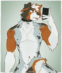 2024 absurd_res anthro barazoku biceps big_muscles biped black_body black_fur brown_body brown_fur canid canine canis collar_tag countershade_fur countershading domestic_dog floppy_ears fur hi_res male mammal mirror_selfie muscular muscular_anthro muscular_male nude_anthro nude_male pecs rexkoire selfie solo tongue tongue_out white_body white_countershading white_fur