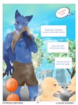 2023 abs anthro biceps biped blue_body blue_fur bodily_fluids canid canine canis comic dialogue domestic_dog english_text fur group hi_res male mammal muscular muscular_anthro muscular_male pecs red_eyes solo_focus standing sweat sweatdrop sweaty_body text tieria tongue tongue_out trio url wolf