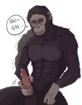 anthro ape blush bodily_fluids brown_body brown_fur caesar_(planet_of_the_apes) chimpanzee cum fangs fur genital_fluids genitals green_eyes haplorhine hi_res lemonxlime looking_at_viewer male mammal masturbation muscular muscular_male pan_(genus) penis planet_of_the_apes primate simple_background solo speech_bubble teeth teeth_showing white_background