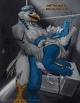 absurd_res anal anal_penetration anthro anus avian bathroom beak bent_over bird blue_body blue_fur bodily_fluids butt cum cum_on_object cumshot dialogue dominant dominant_anthro dominant_male dragon ejaculation english_text eyewear eyewear_on_head feathers feet from_behind_position fur furred_dragon furred_scalie genital_fluids genitals goggles goggles_on_head gull hair hands hi_res lari larid looking_pleasured male male/male male_penetrating mane mythological_creature mythological_scalie mythology penetration public_restroom pulling_hair raised_tail reku_illustration restroom_stall scalie sex tail text toilet touching_hair wall_art white_body winged_arms wings