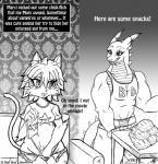 2015 anthro belly big_belly blush breasts clothed clothing comic dragon english_text felid female food grey_background hi_res if_hell_had_a_taste male mammal marci_hetson monochrome mythological_creature mythological_scalie mythology scalie scar simple_background skylar_fidchell slightly_chubby tail text viroveteruscy