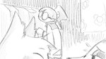 16:9 animal_crossing anthro blush bodily_fluids clothing dragonweirdo emanata eulipotyphlan eyewear female glasses group hair hedgehog hi_res human looking_back male mammal marshal_(animal_crossing) monochrome nintendo ponytail sable_able sailor_uniform squirrel_tail sweat trio villager_(animal_crossing) widescreen