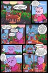 2023 achuchones_(unicorn_wars) anthro bear blue_body blush bottomwear bow_tie clothing comic detailed_background dialogue duo eyes_closed fazbeast food gordi_(unicorn_wars) hi_res mammal outside pants pink_body shirt sitting slightly_chubby spanish_text text topwear translation_check translation_request unicorn_wars