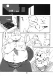 age_difference anthro canid canine canis chi_ro clothing comic dialogue domestic_dog duo fur greyscale hi_res japanese_text larger_male male male/male mammal monochrome moobs overweight size_difference smaller_male text translated undressing unknown_artist young young_anthro young_male