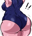 absurd_res aspirantpill big_breasts big_butt blue_clothing blue_leotard breasts butt chronoa clothed clothing dragon_ball dragon_ball_xenoverse exclamation_point female hi_res huge_butt humanoid kaioshin leotard nipple_outline not_furry pink_body pink_skin raised_arms rear_view short_stack simple_background solo supreme_kai_of_time thick_thighs white_background wide_hips