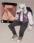 anal anal_penetration anthro asriel_dreemurr asriel_dreemurr_(god_form) backpack backsack balls black_eyes boss_monster_(undertale) bottomwear bovid butt buttplug buttplug_in_ass buttplug_insertion caprine clothed clothing converse crossdressing floppy_ears footwear fully_clothed genitals goat goonie-san hi_res horn jacket legwear letterman_jacket long_ears male male_penetrated mammal object_in_ass pants penetration plug_(sex_toy) plug_insertion ruined_reputation sex_toy sex_toy_in_ass sex_toy_insertion shoes short_tail sitting skirt solo tail thigh_highs topwear undertale undertale_(series)