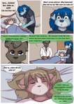 2016 anthro babystar biped comic detailed_background dialogue digital_media_(artwork) english_text eyes_closed felid female fur gemma_polson group hair hi_res lion lying male mammal nicholas_j._waters pantherine paul_grayson procyonid raccoon rodent sciurid standing text tree_squirrel trio