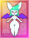 absurd_res anthro bat cordicedraw female hi_res mammal narrowed_eyes navel sharp_teeth short_stack solo sona_(cordicedraw) teeth thick_thighs wide_hips wings