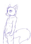 anthro blue_and_white canid clothed clothing head_tuft male mammal martinballamore monochrome narrowed_eyes navel open_bottomwear open_clothing portrait simple_background smile solo standing three-quarter_portrait topless tuft