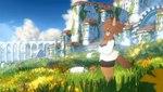 2022 animated anime_style anthro big_ears blue_eyes bottomwear brown_body brown_ears brown_fur brown_hair brown_tail castle clothed clothing cloud cogwheel detailed female flower fluffy fluffy_tail fur gaialot grass hair hand_on_chest leaf long_tail looking_away loop mammal morning moss multicolored_ears outside plant pose procyonid raccoon rock seamless_loop shadow shirt short_hair short_playtime shorts sky solo standing standing_in_grass tail thick_thighs topwear two_tone_ears two_tone_tail wind window