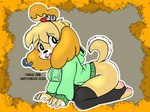 2024 animal_crossing autumn barefoot black_nose bottomless clothed clothing digital_media_(artwork) ear_piercing ear_ring eyelashes fabian_zibb_(artist) feet female hoodie isabelle_(animal_crossing) legwear nintendo open_mouth piercing ring_piercing seasonal stockings tail topwear white_sclera