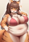 2023 5_fingers :3 absurd_res ahoge anthro belly big_breasts bikini biped blush bottomwear breasts brown_body brown_ear_tips brown_ears brown_fur brown_hair brown_stripes catkey_(huhunya) chest_tuft cleavage clothed clothing colored curvy_figure digital_media_(artwork) dipstick_ears ear_markings emanata eyelashes felid female female_anthro fingers front_view full_cleavage fur glistening glistening_belly glistening_body glistening_breasts glistening_eyes glistening_fur gloves_(marking) green_eyes green_pupils hair hand_on_belly heart_(marking) hi_res holding_belly huge_breasts kemono kemonoyou long_hair looking_at_viewer mammal markings midriff monotone_body monotone_fur multicolored_body multicolored_ears multicolored_fur navel obese open_:3 open_mouth open_smile orange_body orange_ears orange_fur orange_tail overweight overweight_anthro overweight_female pantherine pink_bikini pink_bottomwear pink_clothing pink_nose pink_swimwear pink_topwear portrait pupils shaded simple_background smile solo standing striped_body striped_fur stripes swimwear tail thick_thighs three-quarter_portrait tiger topwear tuft two-piece_swimsuit voluptuous white_background white_body white_fur white_inner_ear wide_hips