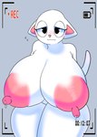 absurd_res anthro areola battery_life big_areola big_breasts black_eyes blush bodily_fluids breasts domestic_cat felid feline felis female haiyan half-closed_eyes hi_res huge_breasts hyper hyper_breasts iana_(haiyan) lactating mammal milk narrowed_eyes nipples nude pink_areola pink_nipples recording smile solo thick_thighs white_body