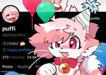 ambiguous_gender bell bell_collar birthday canid canine collar domestic_cat english_text facebook felid feline felis fox fur happy_birthday hybrid mammal open_mouth open_smile pink_body pink_fur pinkpoffinz puffi_(pinkpoffinz) screencap screencap_background smile solo text twitter