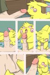 2:3 ball_fondling ball_suck balls bodily_fluids bottomless cleft_tail clothed clothing comic distracting_watermark duo erection faceless_character faceless_male fan_character fellatio female first_person_view fondling generation_1_pokemon genital_fluids genitals glans hi_res human humanoid_genitalia humanoid_penis interspecies larger_male looking_at_viewer male male/female male_pov mammal milachu milachu92 nintendo one_eye_closed open_mouth oral penetrating_pov penile penis pikachu pink_eyes pokemon pokemon_(species) pokephilia precum saliva saliva_on_balls saliva_on_penis saliva_string sex size_difference smaller_female sucking tail tongue tongue_out watermark