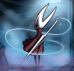 2019 2_horns arthropod artist_name black_eyes black_legs cloak clothing digital_media_(artwork) english_text female hi_res hollow_knight horn hornet_(hollow_knight) nail_(weapon) outside red_cloak red_clothing silk sol-lar-bink solo standing team_cherry text weapon weapon_on_back white_head