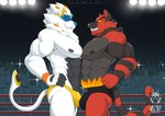 abs anthro anthro_on_anthro biped bulge bulge_frottage clothed clothing duo_focus felid fighting_ring fingers fur generation_7_pokemon grimsvault group incineroar interspecies legendary_pokemon male male/male mammal muscular muscular_anthro muscular_male nintendo nipples pantherine pecs pokemon pokemon_(species) solgaleo tail topless topless_anthro topless_male white_body white_fur