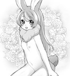 anthro blush dangan female flat_chested flower fur hair haruki_no_saidai_no_teki_wa_risei kasumi_yumeura kemono lagomorph leporid looking_at_viewer mammal monochrome navel neck_tuft nipples nude open_mouth open_smile plant rabbit scut_tail short_tail sitting smile solo tail tuft