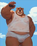 2024 anthro barazoku bear belly black_nose brown_body bulge clothing cloud hi_res kemono male mammal moobs musclegut muscular nipples open_mouth overweight overweight_anthro overweight_male portrait qigiu shirt solo tank_top three-quarter_portrait topwear translucent translucent_clothing translucent_shirt translucent_topwear underwear