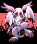 anthro bandai_namco belt claws digimon digimon_(species) fur gazimon ghost_costume grey_body grey_fur halloween hi_res holidays male nuitt red_background red_eyes simple_background solo