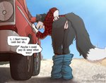 anthro anus black_body black_fur blokfort border_collie bottomwear bottomwear_down brown_body brown_eyes brown_fur canid canine canis car clothed clothing collie comic day denim denim_bottomwear denim_clothing desert dialogue domestic_dog english_text female flannel fur genitals gravel herding_dog jeans livestock_guardian_dog mammal molosser mountain_dog offering_sex open_mouth outside pants pants_down partially_clothed pastoral_dog presenting presenting_pussy prostitution pussy road sarah_(wheresmysocks) sheepdog standing text truck vehicle white_body white_fur