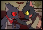 anthro black_body black_fur clothed clothing dialogue ear_piercing english_text ferro_(infinitydoom) fur grey_body grey_fur infinitydoom male male/male piercing red_eyes story story_in_description text yellow_eyes