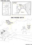 2018 absurd_res anthro bathtub blush bottomwear breasts canid canine canis canisfidelis cheek_tuft clothed clothing comic dialogue digital_drawing_(artwork) digital_media_(artwork) domestic_dog duo english_text facial_tuft female floppy_ears furniture hair head_tuft hi_res humor humphrey_(canisfidelis) inside looking_at_another lying male mammal monochrome motion_lines nude on_back on_sofa one_eye_closed open_mouth panicking pants seashell_(canisfidelis) shirt simple_background smile sofa solo_focus speech_bubble standing text topwear tuft unconscious walking water wet_hair