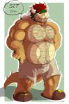 2015 2_horns abs anthro arm_hair barazoku bear belly belly_hair biceps biped body_hair border bowser bulge chest_hair clothed clothing dialogue dragonslash english_text fluffy footwear forearm_hair forearms gesture green_background hairy hairy_legs hand_gesture happy_trail hi_res home horn koopa male mammal mario_bros mature_anthro mature_male muscular muscular_anthro muscular_male nintendo overweight overweight_anthro overweight_male pinup pointing pointing_down pose scalie shell shirt shoes simple_background slippers solo standing star starman stomach_hair text topless topwear white_border