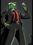 anthro card celadon_vian clothing dragon hi_res low-angle_view male mythological_creature mythological_scalie mythology necktie numijulie playing_card reptile scalie smile smirk solo suit suit_jacket