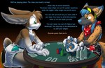 anthro blue_hair canid canine catmonkshiro clean_diaper clothed clothing dialogue diaper diaper_only digital_drawing_(artwork) digital_media_(artwork) duo english_text fox fur hair hybrid hyena hyox lagomorph laxative leporid male mammal markings pantsless poker poker_cards poker_chip poker_table rabbit simple_background sitting spots spotted_body spotted_fur text tokky topless wearing_diaper white_diaper