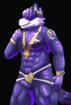 absurd_res anthro bulge canid canine canis clothing detailed_bulge fur haha-yea hi_res hypnosis hypnotic_visor latex latex_clothing latex_mask latex_suit lifewonders live_a_hero male mammal mask mind_control muscular muscular_male purple_body purple_fur purple_wolf_villain_(live_a_hero) solo suiting tennanik visor wolf wolf_villain_(live_a_hero)