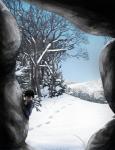 2016 backpack biped cave clothed clothing comic digital_media_(artwork) footprint fully_clothed hi_res human lemondeer male mammal noah_(downthehatch) scarf snow solo winter