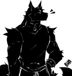 2024 anthro biceps big_muscles biped black_body black_clothing black_fur black_shirt black_tank_top black_topwear bunonthemoon canid canine canis clothing fur hi_res looking_aside male mammal muscular muscular_anthro muscular_male shirt solo tank_top topwear white_eyes wolf