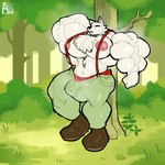 1:1 absurd_res alternate_species anthro big_muscles biped bulge canid canine canis clothed clothing fur grass hi_res huge_muscles hyper hyper_muscles male mammal muscular muscular_anthro muscular_male pecs plant rhythm_heaven solo supermattym8 tree wolf woodcutter_bear