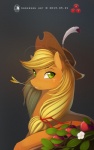 2013 absurd_res antiander apple applejack_(mlp) blonde_hair chewing_grass clothing cowboy_hat earth_pony equid equine female feral food freckles friendship_is_magic fruit green_eyes grey_background hair hasbro hat headgear headwear hi_res horse long_hair looking_at_viewer loose_feather mammal my_little_pony object_in_mouth orange_body orange_skin plant pony simple_background smile solo teeth wheat