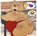 anthro apron bear big_butt bodily_fluids butt clothed clothing emojis half_naked half_naked_male hi_res male mammal overweight overweight_anthro overweight_male partially_clothed plushie short_stack side_view smile solo speech_bubble sweat ted_(movie) ted_(ted) trashtoonz