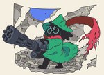 anthro black_body black_fur bovid caprine clothing deltarune detailed_background eyewear fur gatling_gun glasses goat gun hat headgear headwear machine_gun male mammal minigun nyusu_ut ralsei ralsei_with_a_gun ranged_weapon rock scarf solo undertale_(series) weapon