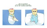 anthro baby bedding blanket bodily_fluids clothing crying earth_pony english_text equid equine fan_character golden_keylime_(oc) golden_string_peach_(redxbacon) hasbro horse male mammal my_little_pony offscreen_character onesie pony redxbacon ring tears text young young_anthro young_male