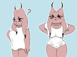 anthro big_breasts black_eyes blue_background blush blush_lines bottomless breasts clothed clothing clothing_pull ear_tuft eyelashes felid feline female floppy_ears front_view fur hand_on_head hands_behind_back hi_res jngocreates lady_ethereal_(nine_sols) looking_at_viewer lop_ears mammal meme nine_sols nipple_outline pink_body pink_fur question_mark red_candle_games shirt shirt_pull simple_background smile solarian solo t-shirt/pajamas_challenge thick_thighs topwear topwear_pull tuft white_clothing white_topwear wide_hips