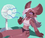 2024 4_fingers anthro bodily_fluids bra breasts claws clothed clothing digital_media_(artwork) el-k electric_fan female female_anthro finger_claws fingers food fur hair hair_over_eye hi_res holding_food holding_object holding_popsicle hyena jk_(el-k) kemono long_hair mammal midriff navel nipple_outline panties popsicle popsicle_in_mouth small_breasts solo sports_bra spotted_hyena sweat sweatdrop underwear underwear_only