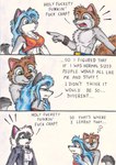 anthro blue_hair canid canine canis cerberus_(tirrel) collar colored_pencil_(artwork) comic dialogue domestic_cat domestic_dog english_text explicit_text felid feline felis female green_eyes hair hug humor husky male mammal nikita_(karla) nordic_sled_dog not_big_and_not_clever profanity snow_(tirrel) spitz studded_collar studs text three_frame_image tirrel traditional_media_(artwork) wolf