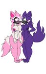 5:8 anthro asymmetrical_breast_frottage big_breasts breast_grab breast_squish breasts breasts_frottage canid canine canis domestic_dog duo el_zorro_gamer female female/female fur genitals gloves_(marking) hair hand_on_breast hi_res kinnara machine mammal markings multicolored_body multicolored_fur nipples nude pink_hair protogen purple_hair pussy shy simple_background squish standing thigh_gap two_tone_body two_tone_fur white_background