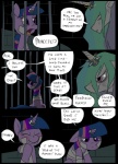 bandage bars blush clothed clothing comic dialogue digital_media_(artwork) duo english_text equid equine female feral friendship_is_magic fur hair hasbro horn inside mammal mane metal_(artist) multicolored_hair my_little_pony mythological_creature mythological_equine mythology princess_celestia_(mlp) prison purple_body purple_eyes purple_fur purple_hair ring scratches speech_bubble spikes text twilight_sparkle_(mlp) two_tone_hair unicorn