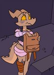 animated anthro backpack breasts brown_body cleavage clothed clothing female freckles horn kobold non-mammal_breasts reptile scalie short_playtime solo srriz srriz_adventure srrizadventurer text wraps yellow_eyes