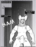 2017 anthro bandage bodily_fluids bottomwear clothed clothing comic door dragon drooling english_text erection erection_under_clothing hi_res if_hell_had_a_taste male monochrome muscular muscular_anthro muscular_male mythological_creature mythological_scalie mythology open_mouth pants saliva scales scalie shirt skylar_fidchell solo sound_effects tail text topwear viroveteruscy wounded