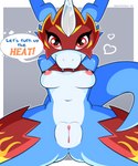 5:6 anthro anus areola armor armor_plates bandai_namco bite biting_shirt blade blue_body blue_skin bottomless breasts butt clothed clothing clothing_lift dialogue digimon digimon_(species) digimon_adventure_02 digital_drawing_(artwork) digital_media_(artwork) dragon english_text erect_nipples eyelashes fangs female flame_markings flamedramon genitals hands_behind_back headgear heart_symbol helmet hi_res horn looking_at_viewer low-angle_view markings metal mostly_nude mouth_closed multicolored_body multicolored_skin mythological_creature mythological_scalie mythology navel nipples nude pink_areola pink_nipples pink_pussy playful plump_labia presenting presenting_breasts presenting_pussy pussy raised_clothing raised_shirt raised_topwear red_eyes reptile scalie seducing_viewer seductive sharp_teeth shirt shirt_lift simple_background sitting sitting_on_ground smile solo speech_bubble spread_legs spreading squirrelman tail teasing teeth text thick_tail thick_thighs topless topwear topwear_only two_tone_body two_tone_skin white_body