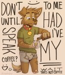 alcohol anthro bandage beverage black_text blep boxer_briefs brown_background brown_body brown_fur brown_nose bulge canid canine canis clothing coffee_cup collar collar_tag container cup dipstick_tail dirty_boxer_briefs dirty_clothes dirty_shirt dirty_underwear domestic_dog don't_dead_open_inside drunk emoticons english_text fur gloves_(marking) green_clothing green_shirt green_t-shirt green_topwear grey_boxer_briefs grey_clothing grey_text grey_underwear half-closed_eyes hi_res holding_alcohol_bottle holding_coffee_cup holding_container holding_cup holding_object male mammal markings matt_riskely narrowed_eyes pantsless_anthro pantsless_male pouring_alcohol red_collar shirt signature simple_background smile solo substance_intoxication t-shirt tail tail_markings tan_body tan_fur tan_hands tan_inner_ear tan_markings tan_tail_tip text tinydeerguy tongue tongue_out topwear underwear whiskey